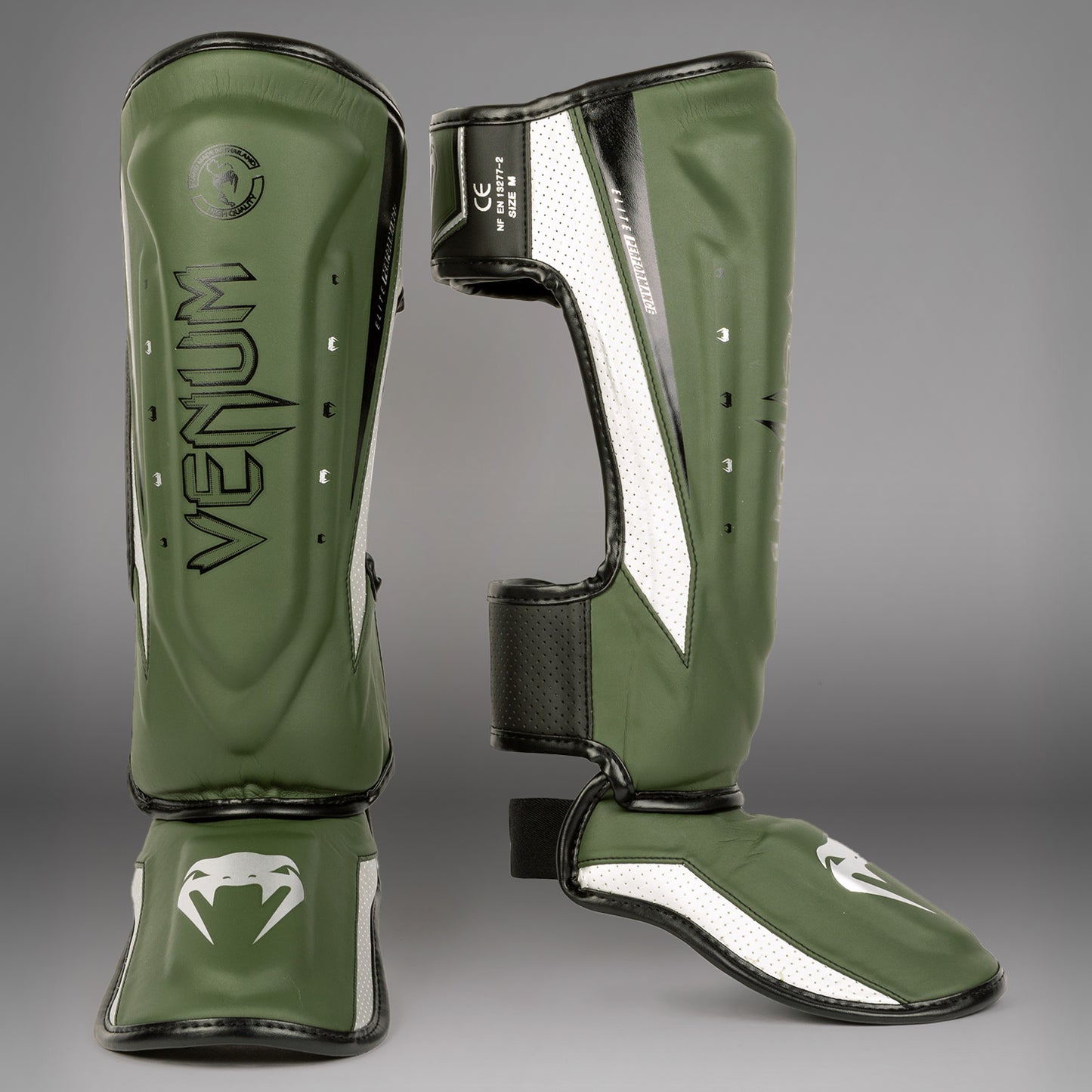 Espinilleras Venum Elite Evo - Caqui/Plateado