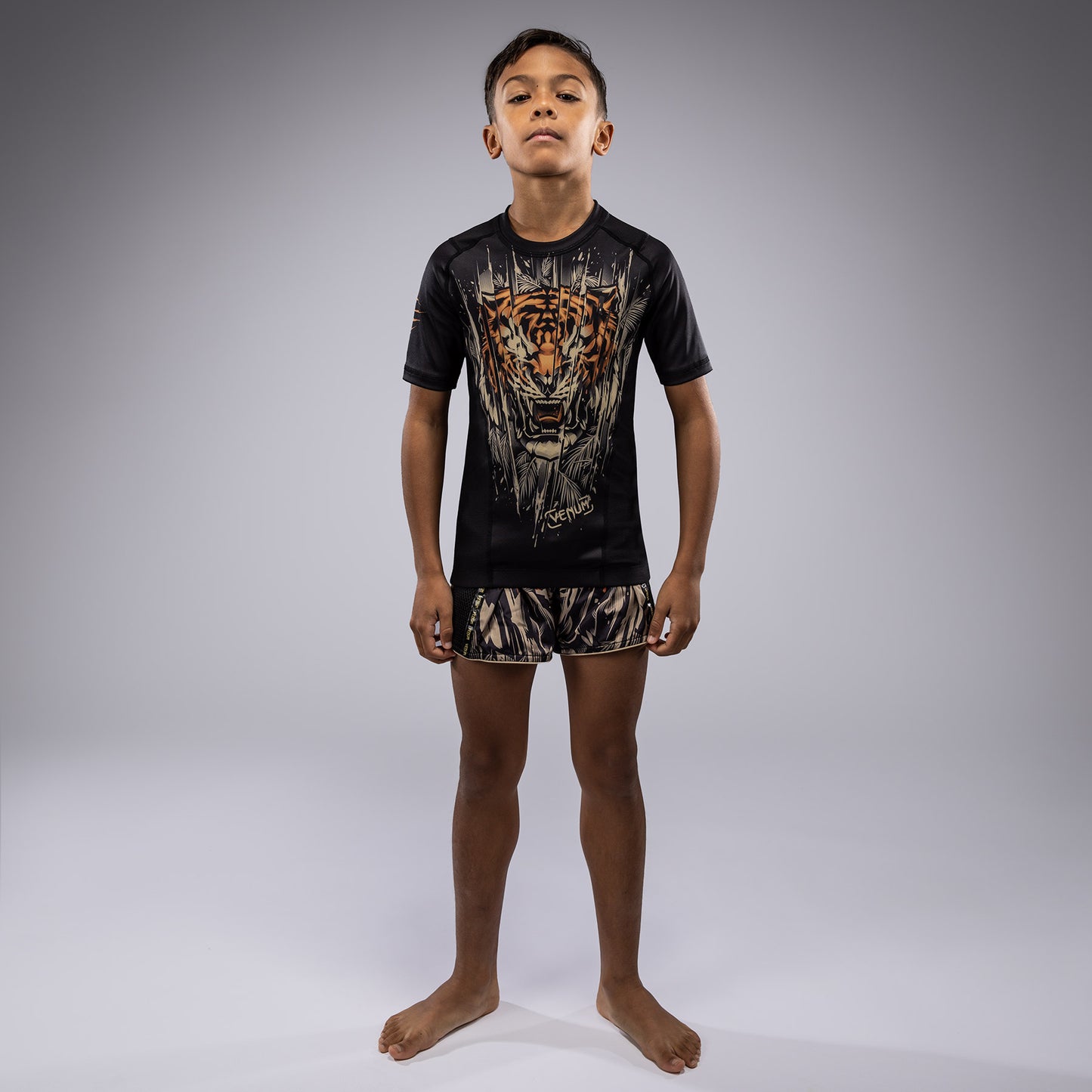Venum Tiger Camiseta Rashguard de Manga Corta para Niños - Negro/Naranja Neón