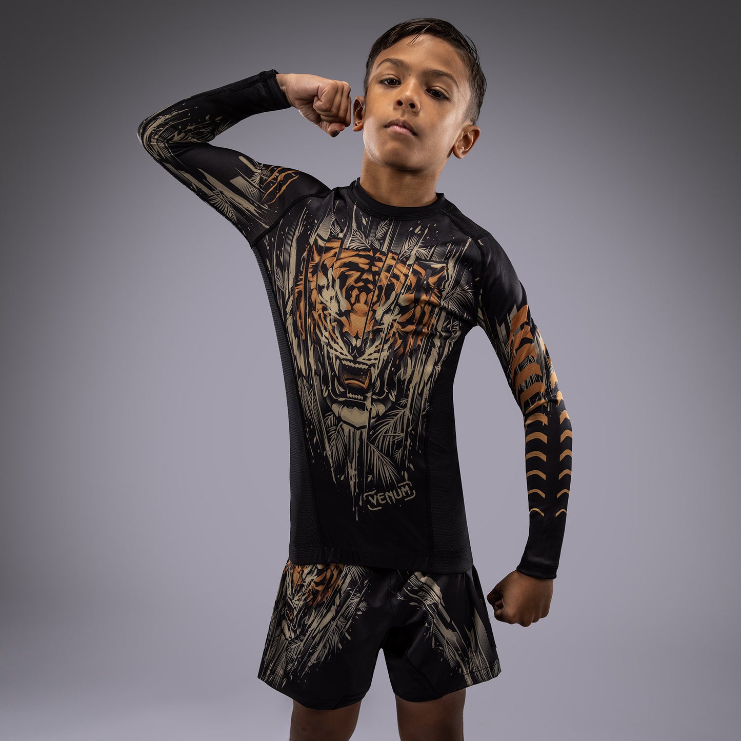 Venum Tiger Rashguard de Manga Larga para Niños - Negro/Naranja Neón