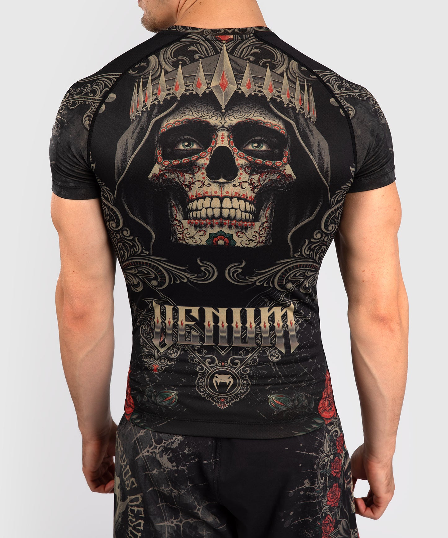 Venum Santa Muerte 5.0 Rashguard de Manga Corta para Hombre - Negro Profundo/Oro