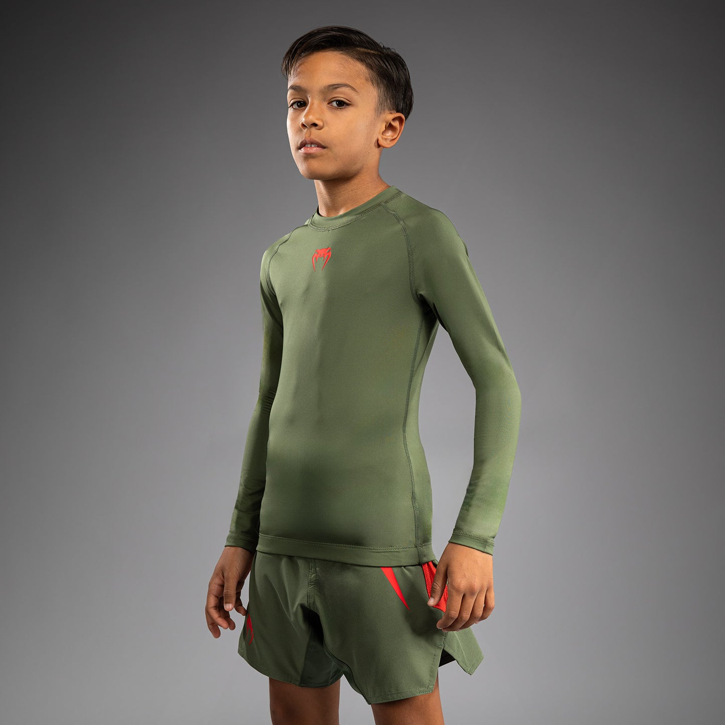 Venum Contender Rashguards Manga Larga para Niños - Verde Ejército/Naranja