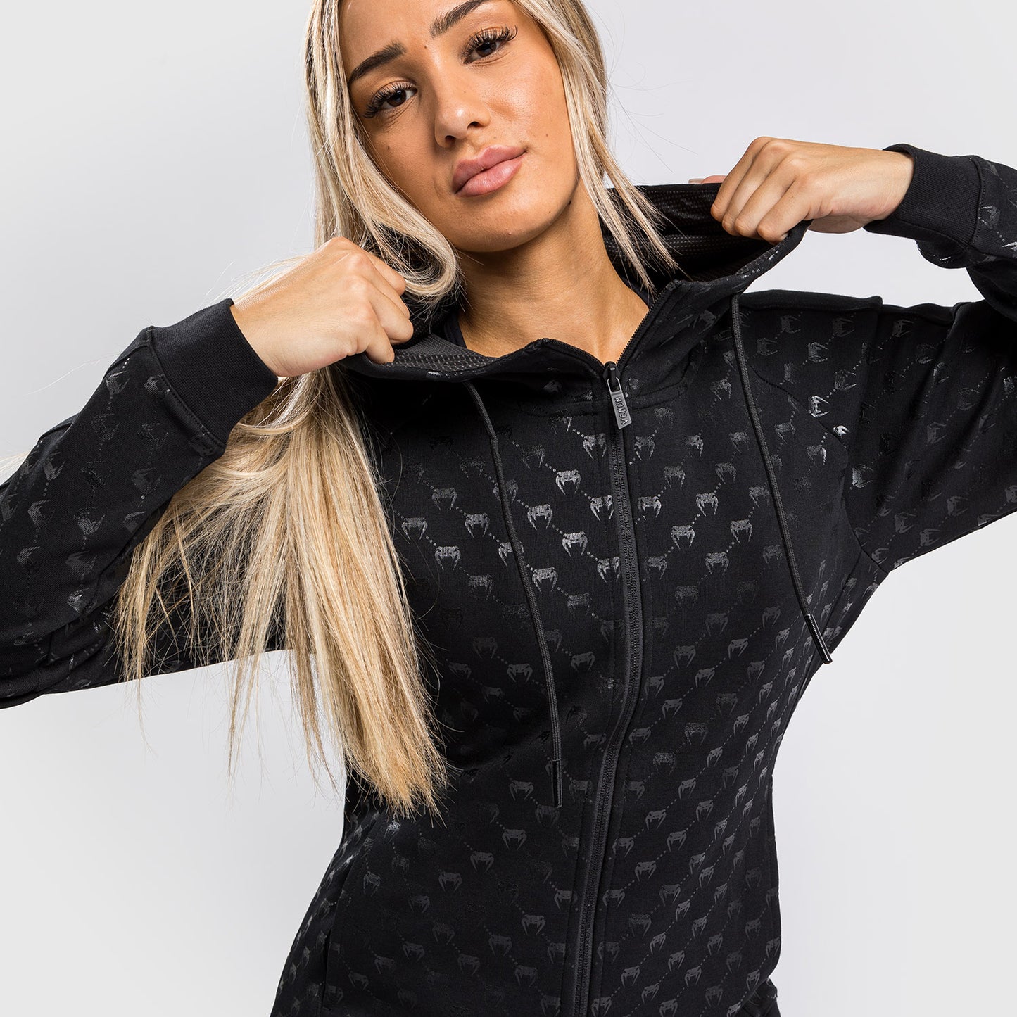 Sudadera con Capucha y Cremallera Monogram Venum para Mujer – Negro/Oro Rosa