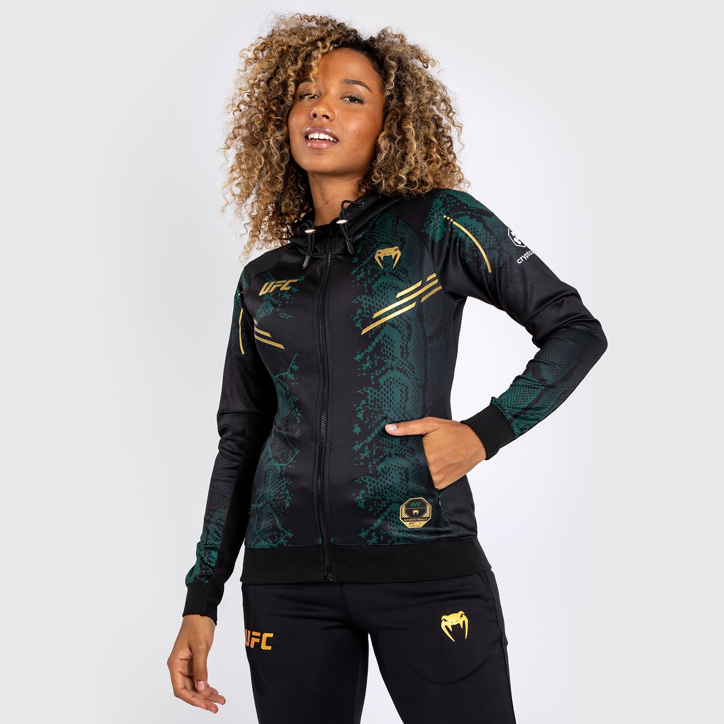 UFC Adrenaline by Venum Authentic Fight Night Sudadera con capucha Walkout para mujer - Emerald Edition - Verde/Negro/Dorado