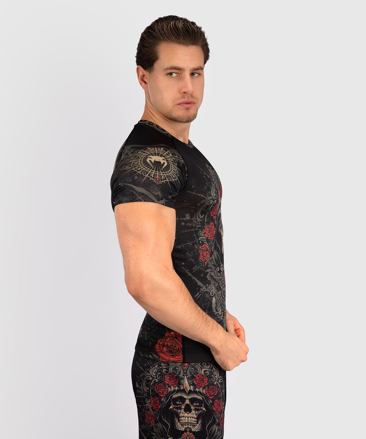 Venum Santa Muerte 5.0 Rashguard de Manga Corta para Hombre - Negro Profundo/Oro