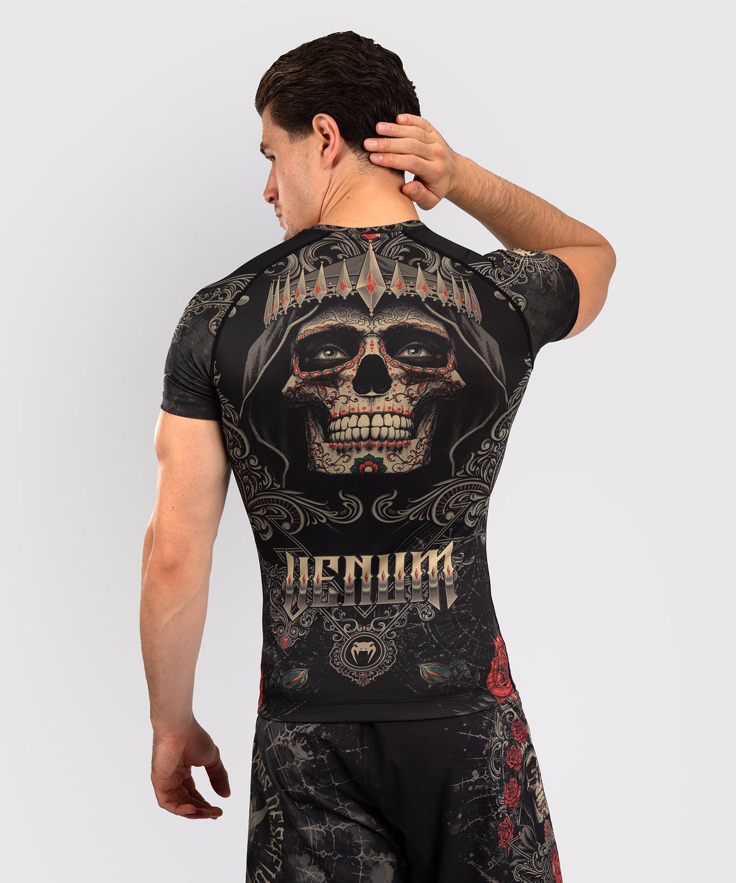 Venum Santa Muerte 5.0 Rashguard de Manga Corta para Hombre - Negro Profundo/Oro