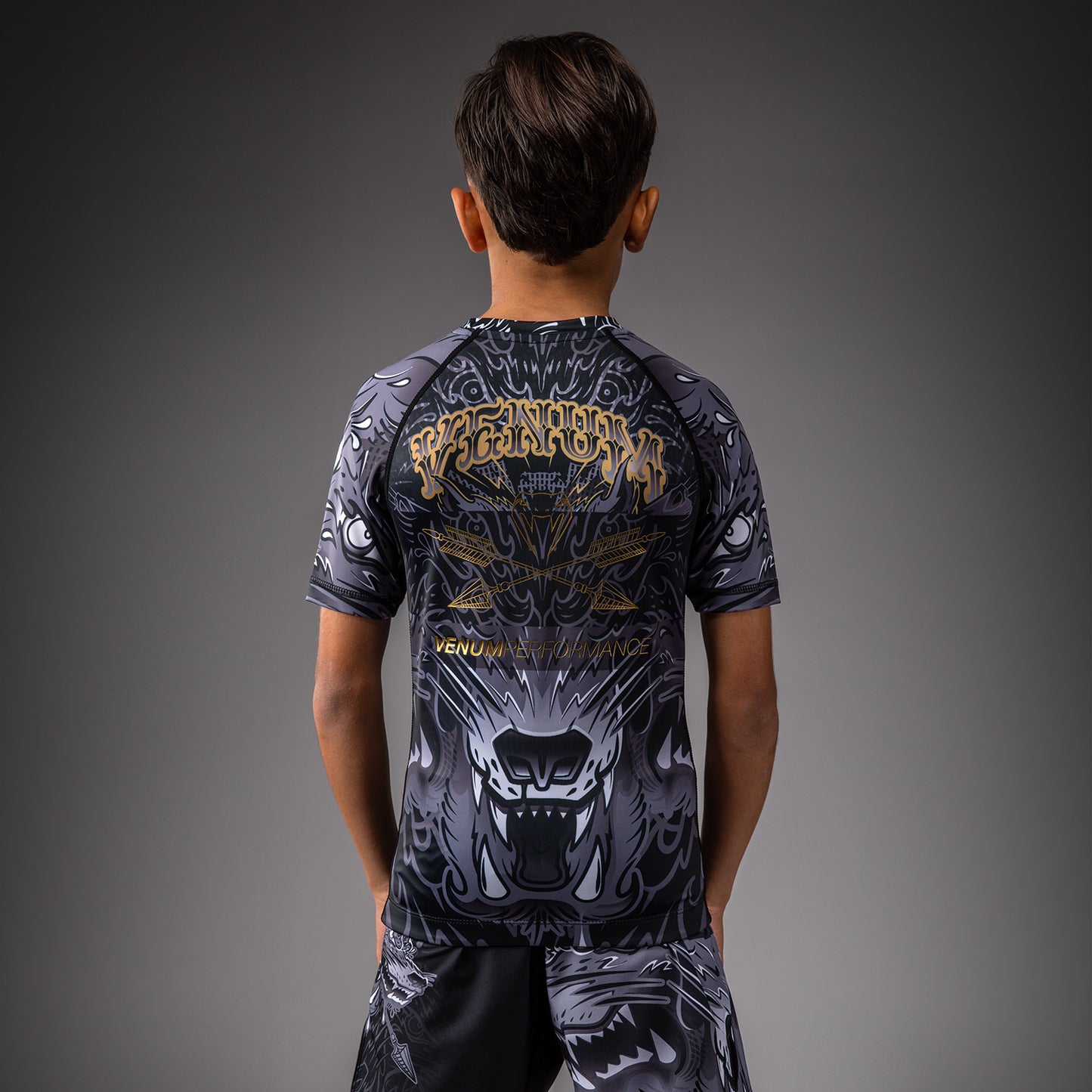Venum Wolf Atak Rashguard Manga Corta Para Niños – Negro/Gris
