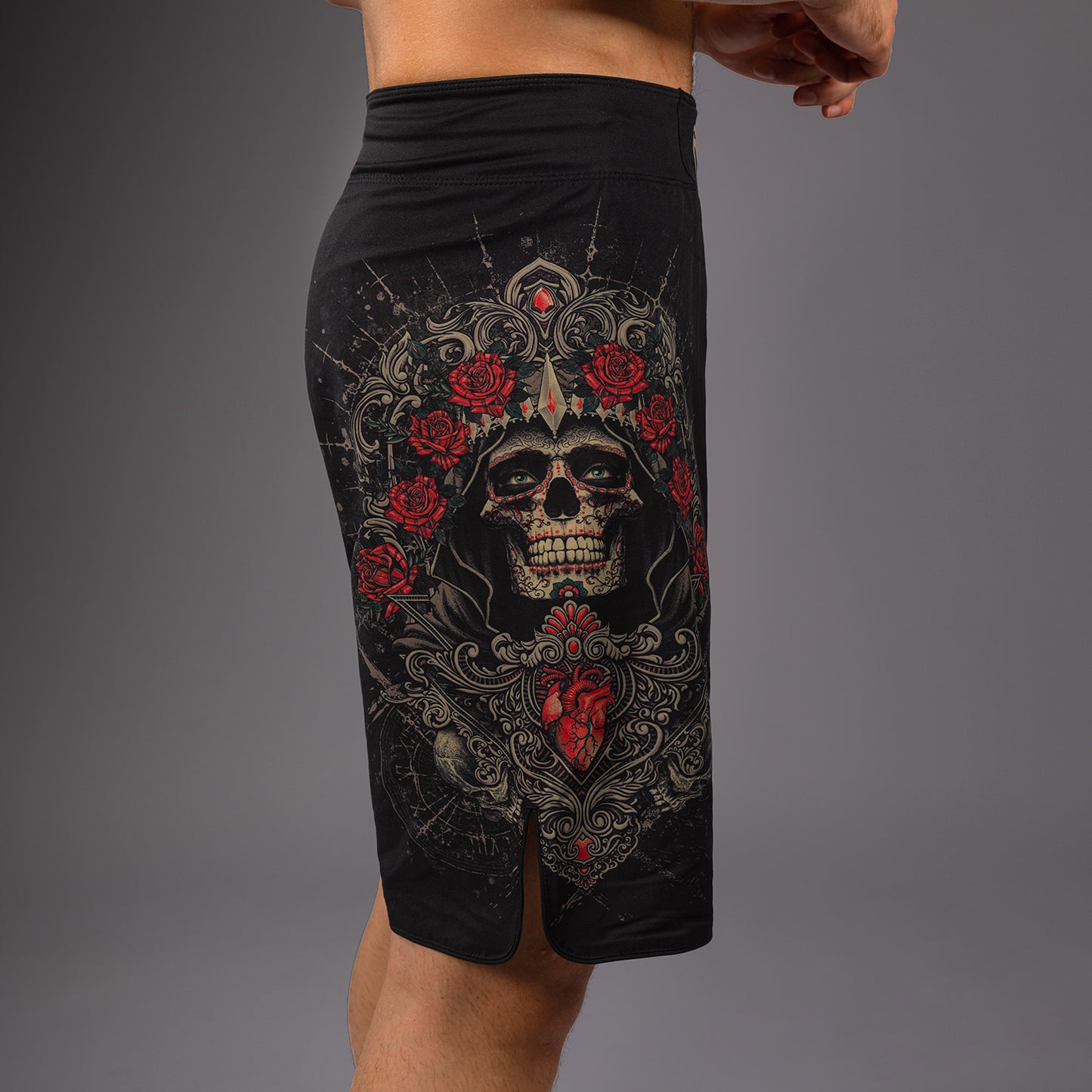 Venum Santa Muerte 5.0 Pantalones Cortos de Combate para Hombre - Negro Profundo/Oro