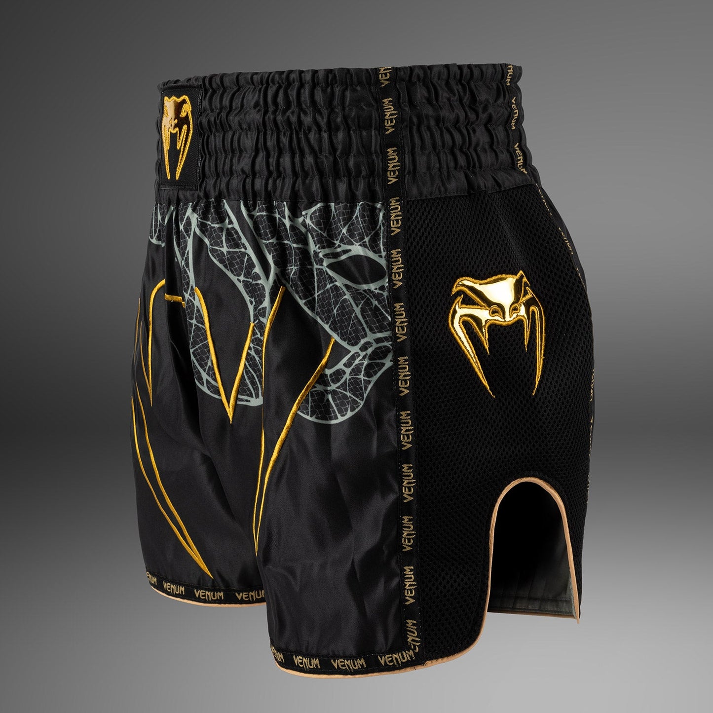Venum Serpenti Pantalones Cortos Muay Thai – Negro/Plateado/Dorado