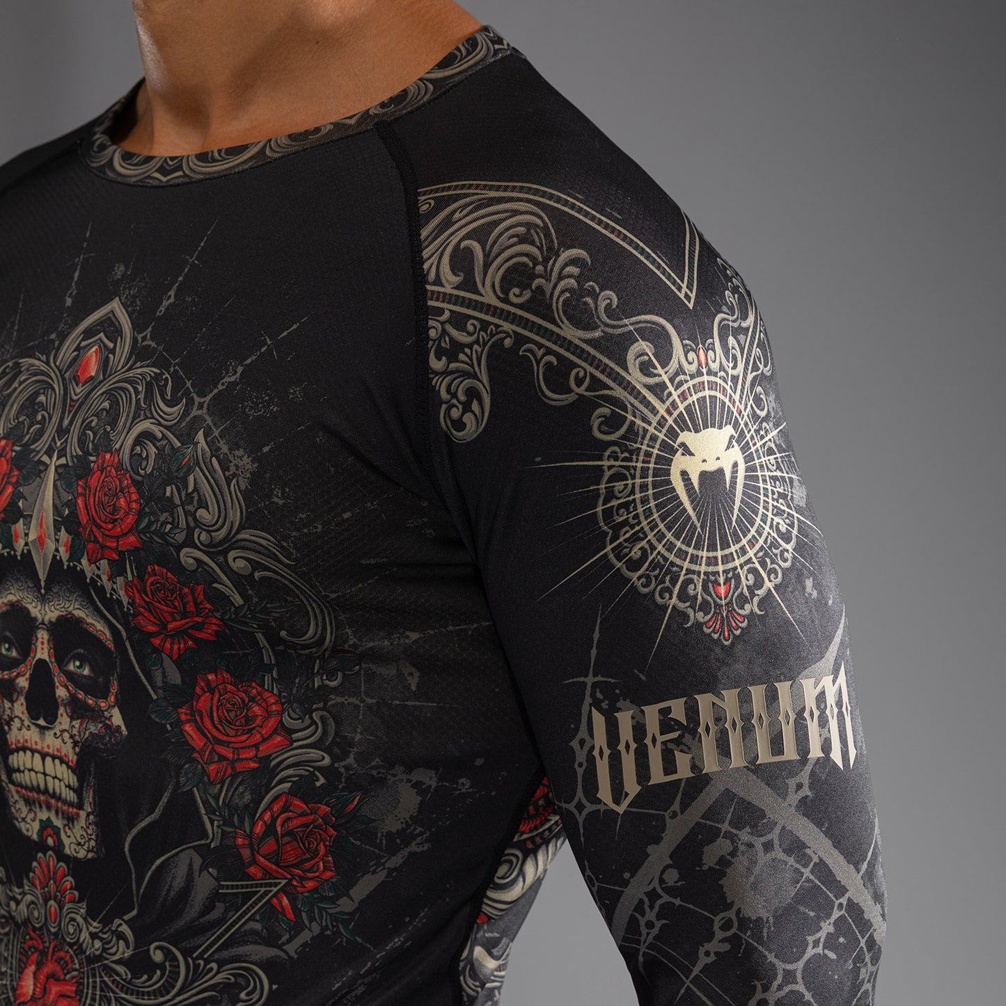 Venum Santa Muerte 5.0 Rashguard de Manga Larga para Hombre - Negro Profundo/Oro