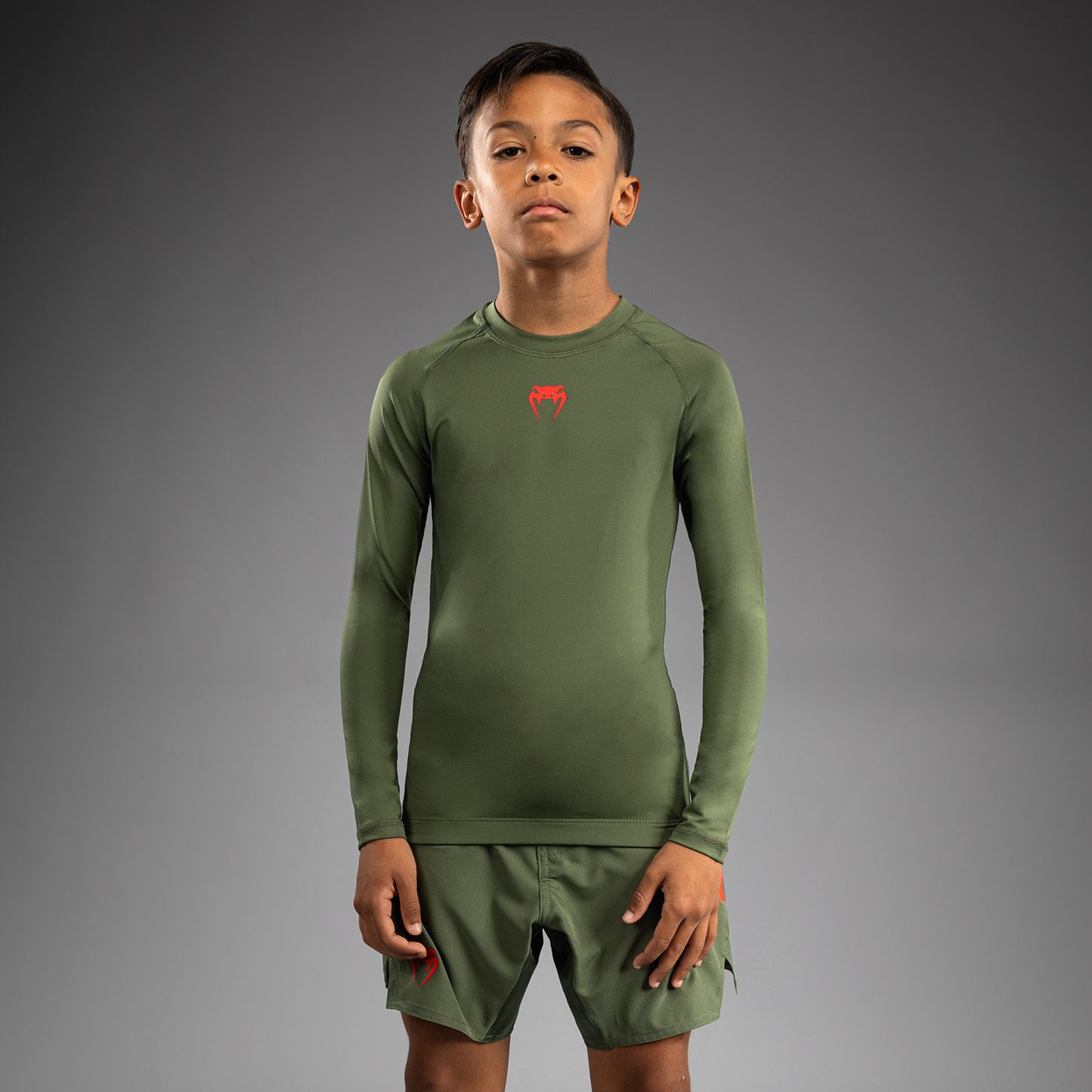 Venum Contender Rashguards Manga Larga para Niños - Verde Ejército/Naranja