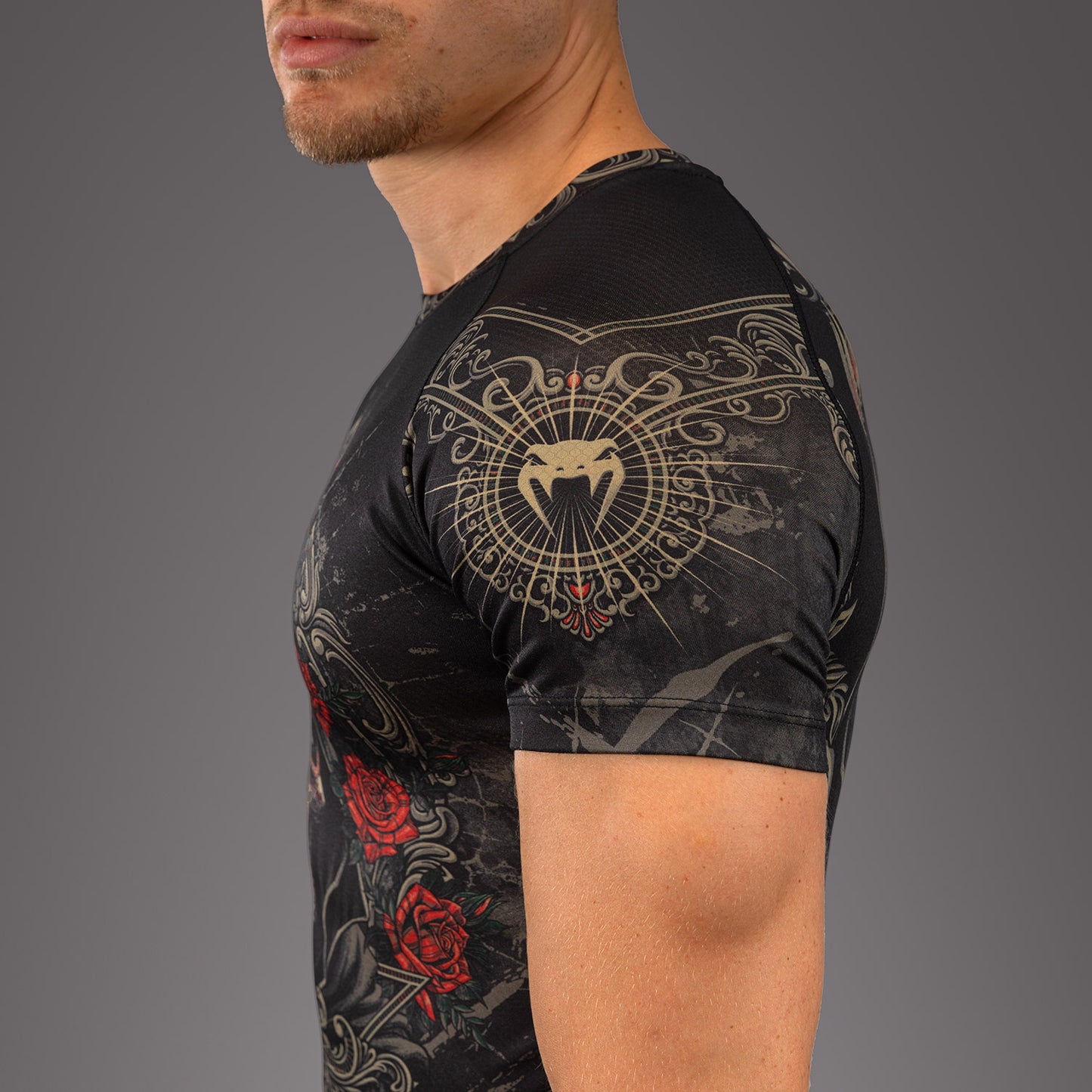 Venum Santa Muerte 5.0 Rashguard de Manga Corta para Hombre - Negro Profundo/Oro