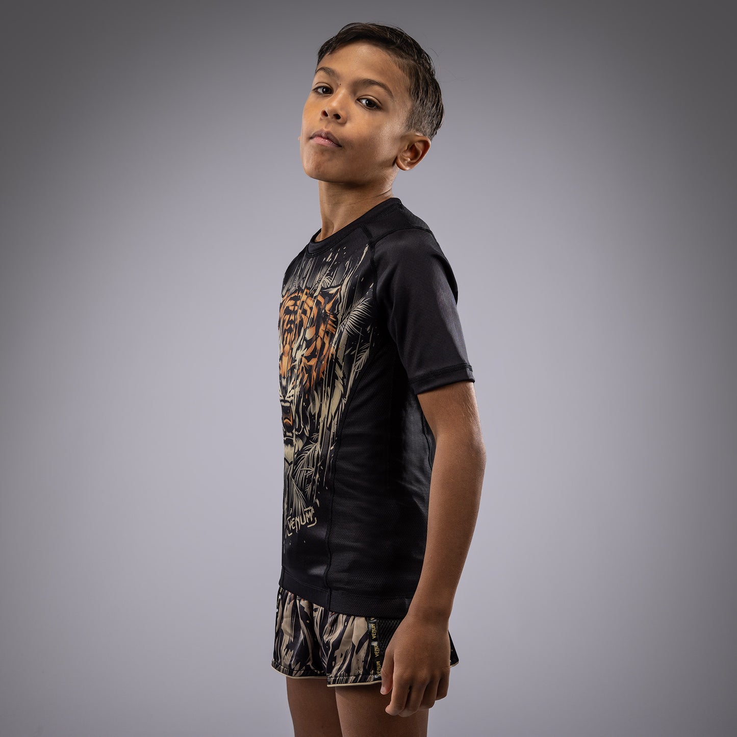 Venum Tiger Camiseta Rashguard de Manga Corta para Niños - Negro/Naranja Neón