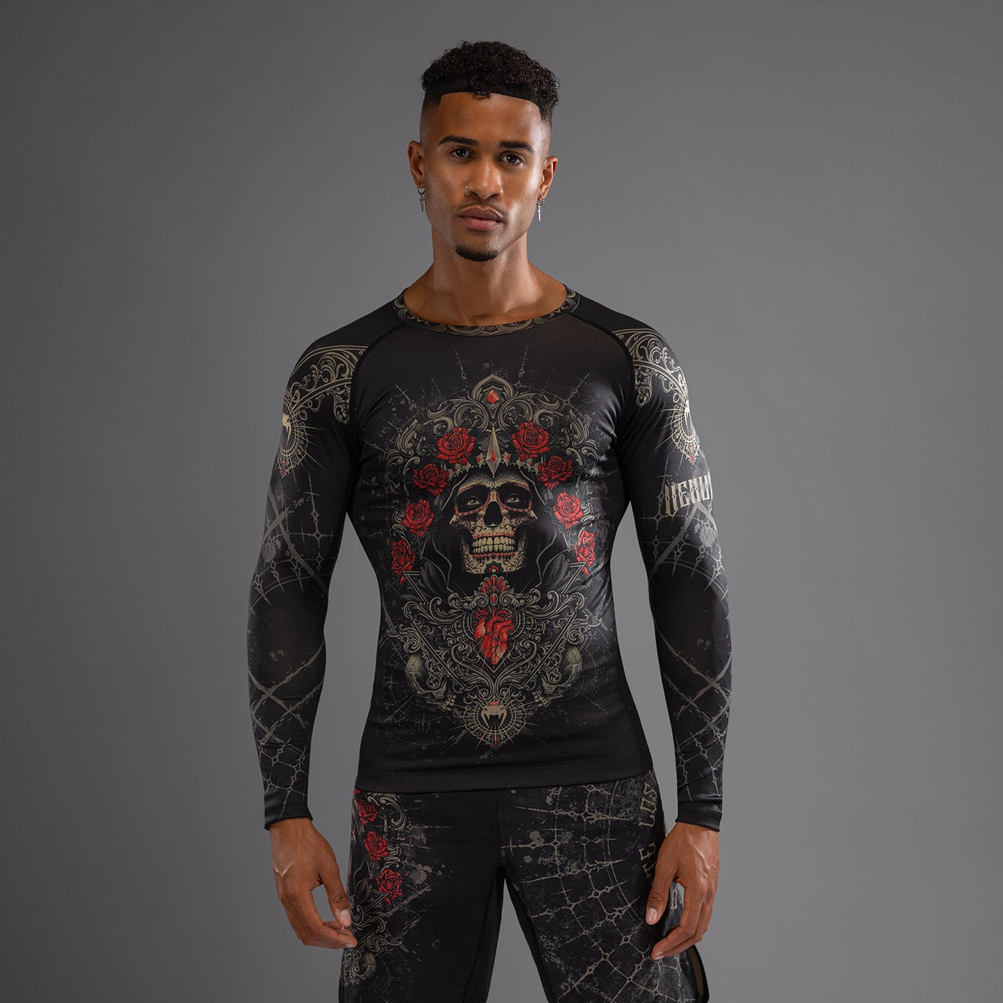 Venum Santa Muerte 5.0 Rashguard de Manga Larga para Hombre - Negro Profundo/Oro