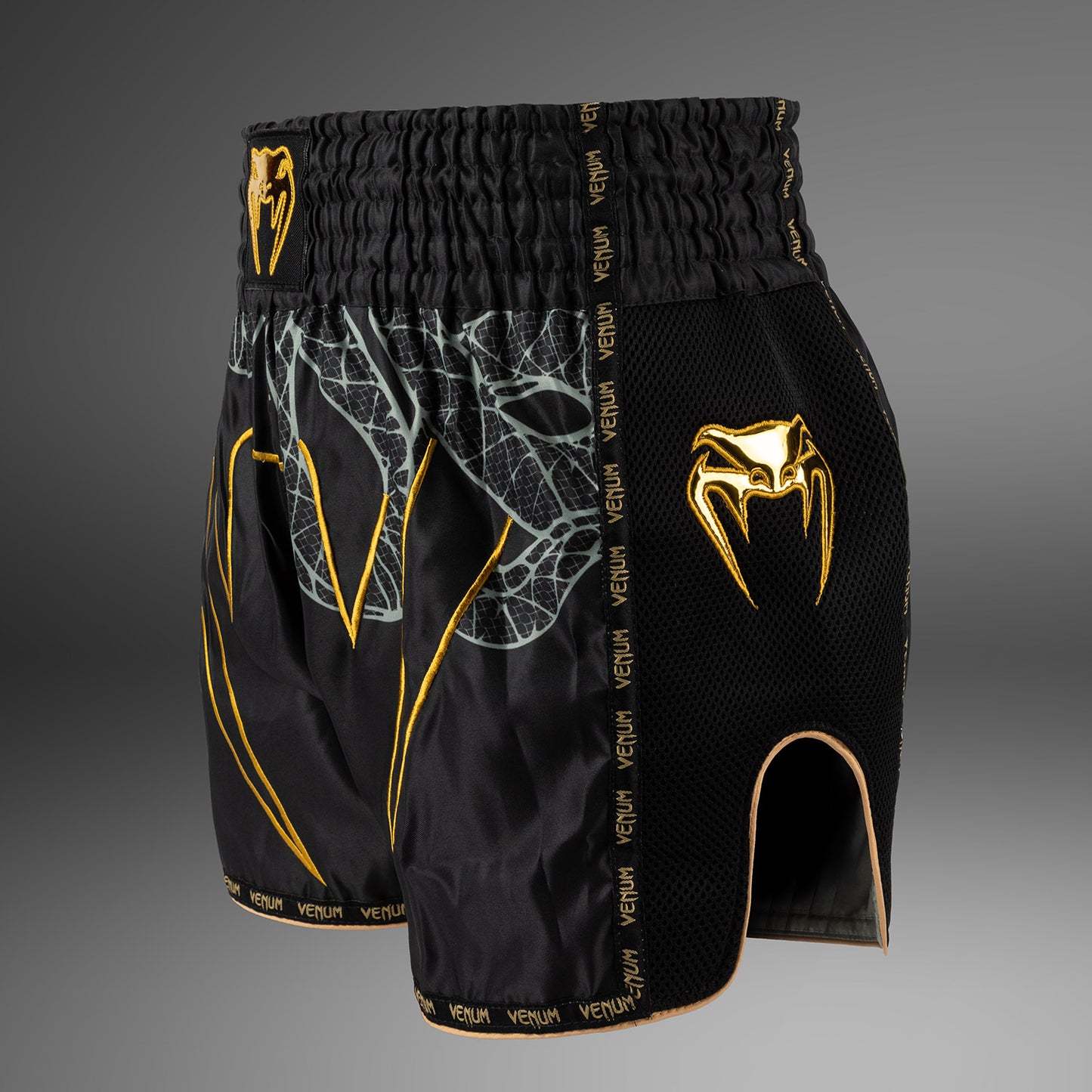 Venum Serpenti Pantalones Cortos Muay Thai – Negro/Plateado/Dorado
