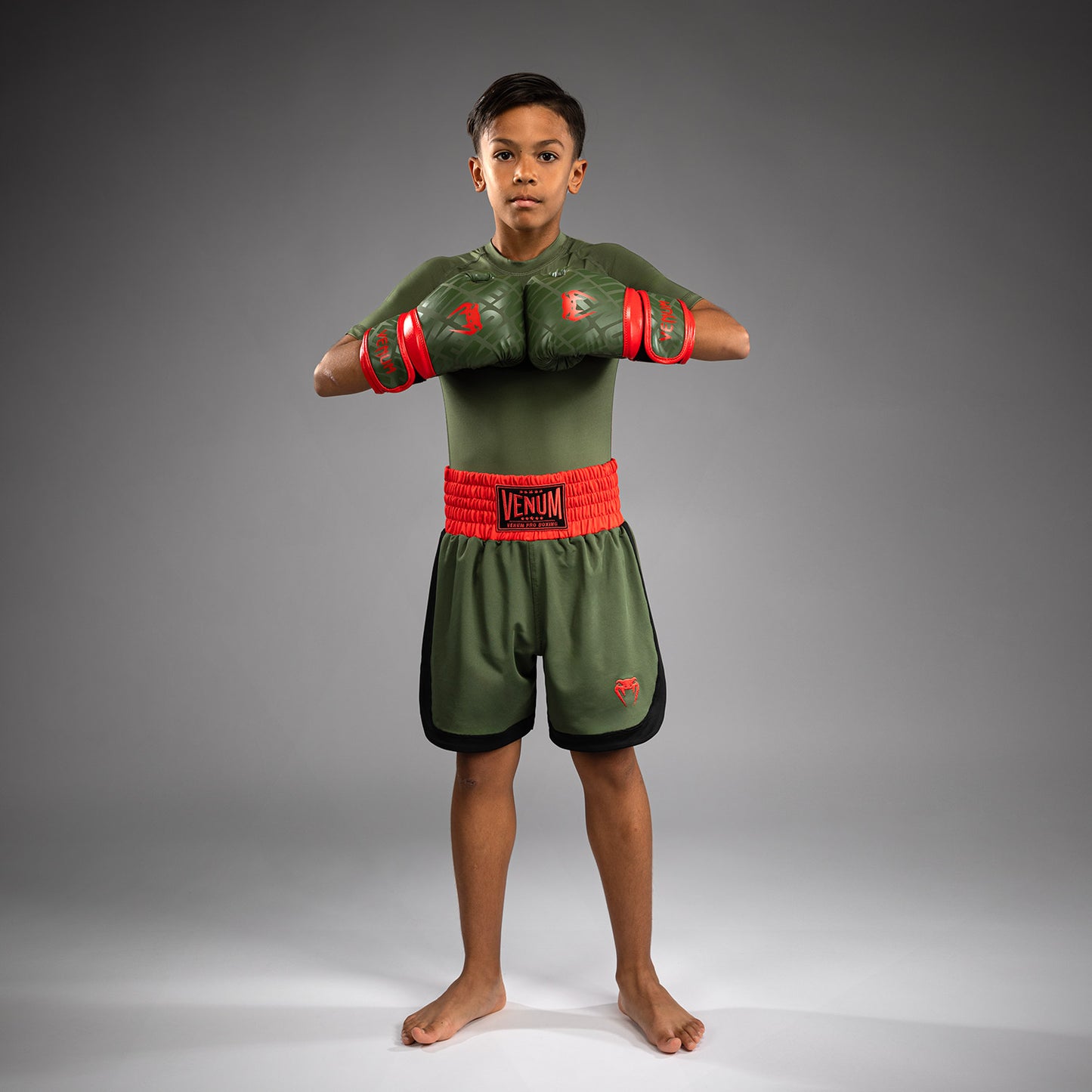 Venum Classic Pantalones Cortos de Boxeo para Niños - Verde Militar/Naranja