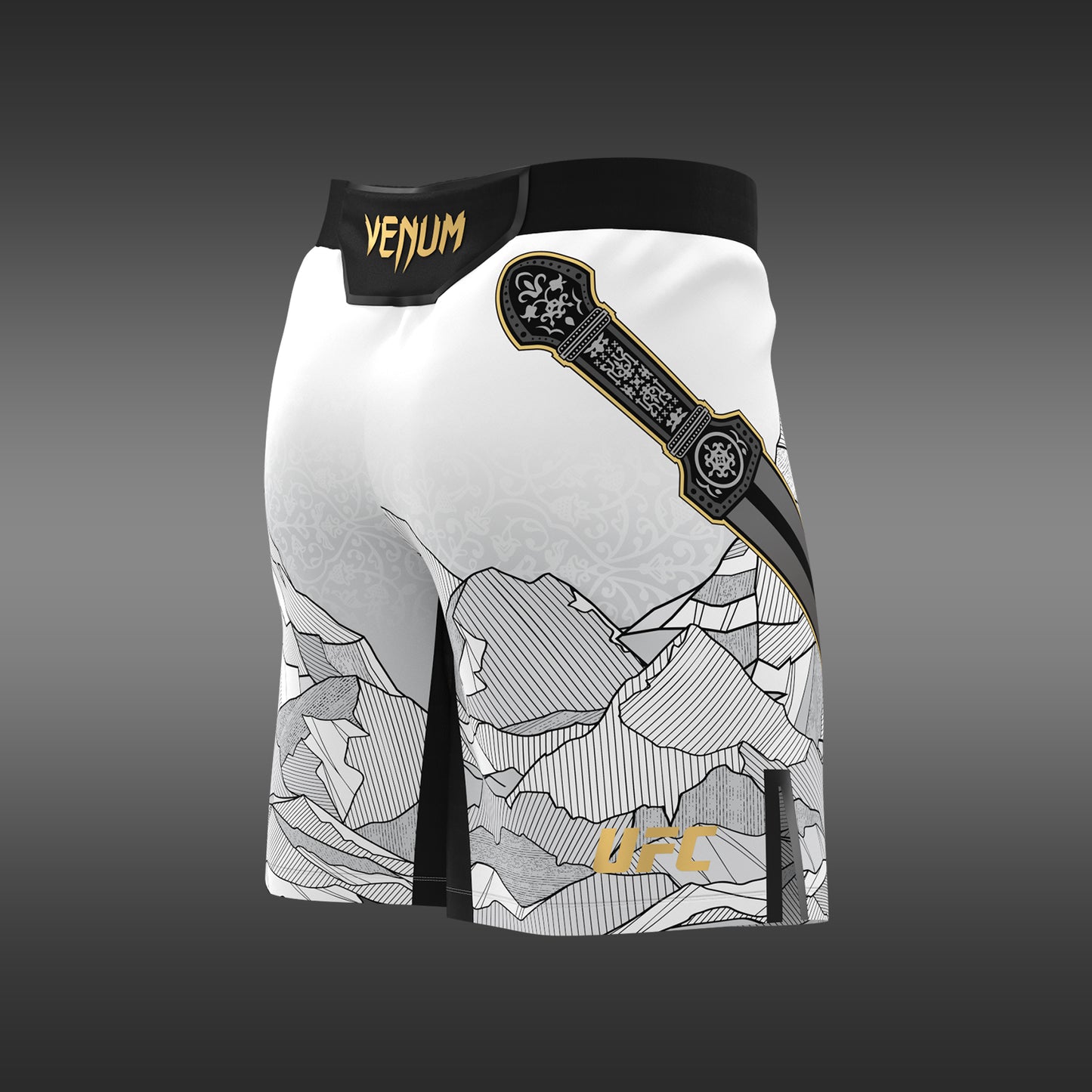 UFC Unrivaled by Venum Islam Makhachev Pantalones de Lucha para Hombres - Blanco/Negro